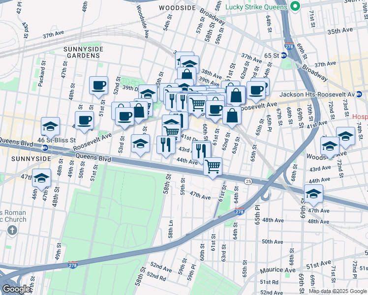 map of restaurants, bars, coffee shops, grocery stores, and more near 58-21 43rd Avenue in Queens