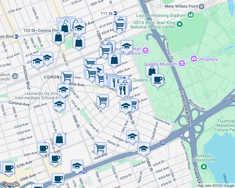 map of restaurants, bars, coffee shops, grocery stores, and more near 51-09 108th Street in Queens