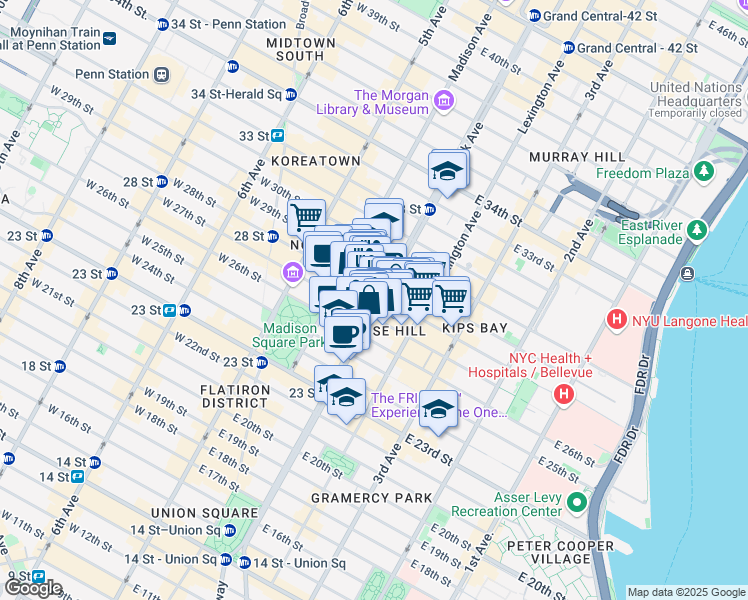 map of restaurants, bars, coffee shops, grocery stores, and more near 400 Park Avenue South in New York