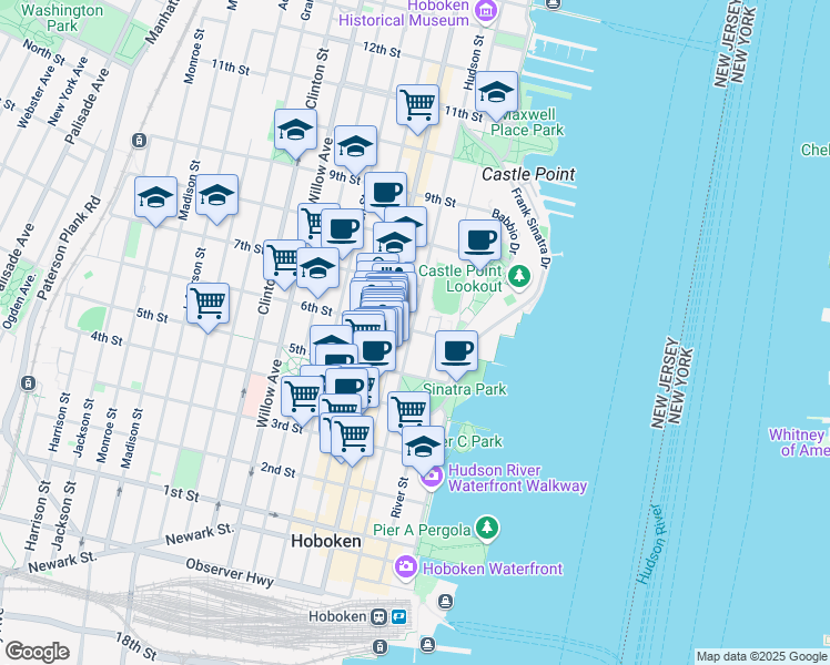 map of restaurants, bars, coffee shops, grocery stores, and more near 1 Castle Point Terrace in Hoboken