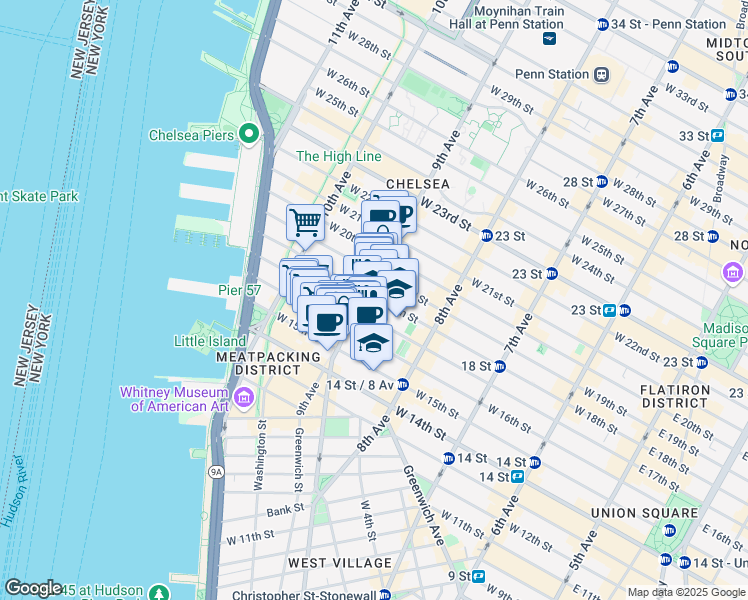 map of restaurants, bars, coffee shops, grocery stores, and more near 364 West 18th Street in New York