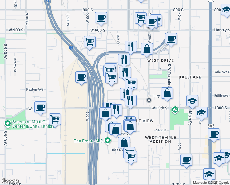 map of restaurants, bars, coffee shops, grocery stores, and more near 361 Paxton Avenue in Salt Lake City