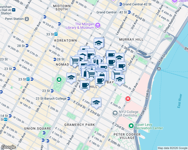 map of restaurants, bars, coffee shops, grocery stores, and more near Lexington Ave & E 29th St in New York