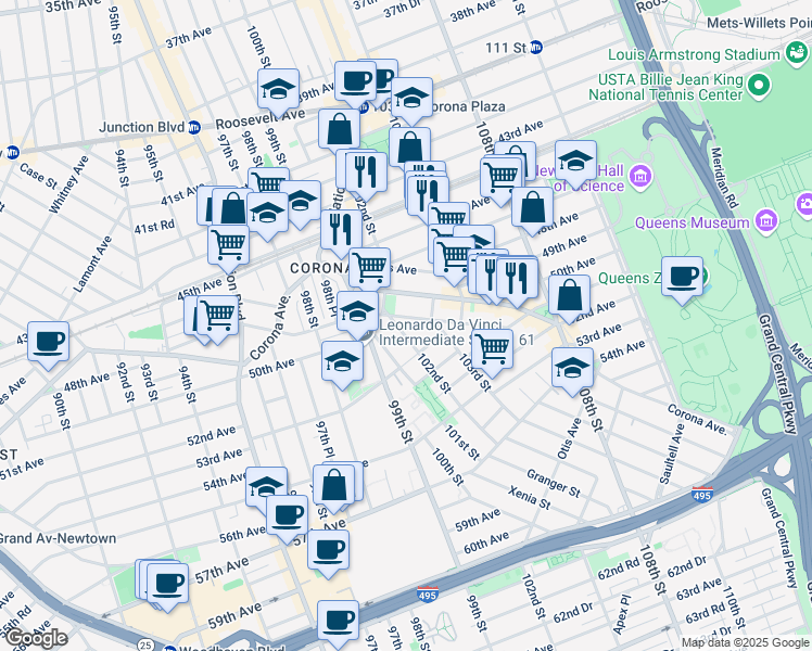 map of restaurants, bars, coffee shops, grocery stores, and more near 50-18 102nd Street in Queens