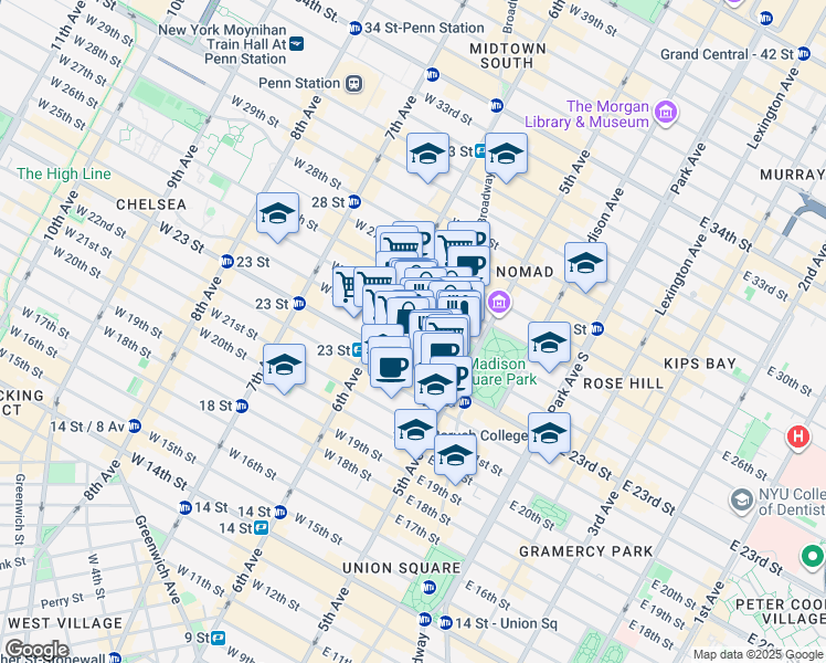 map of restaurants, bars, coffee shops, grocery stores, and more near 19 West 24th Street in New York