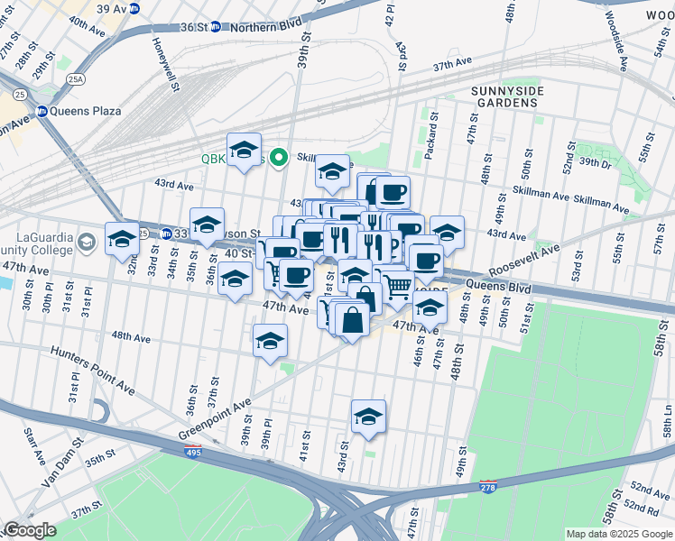 map of restaurants, bars, coffee shops, grocery stores, and more near 41-02 Queens Boulevard in Queens