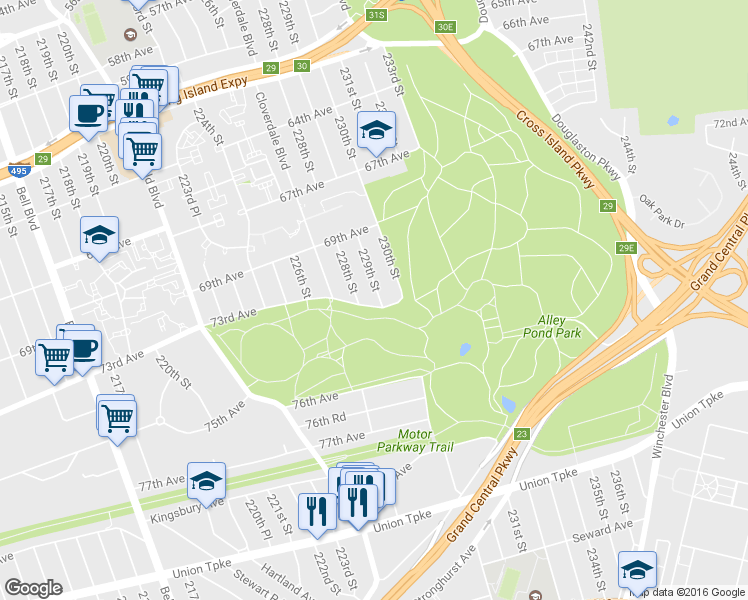 map of restaurants, bars, coffee shops, grocery stores, and more near 69-80 229th Street in Queens