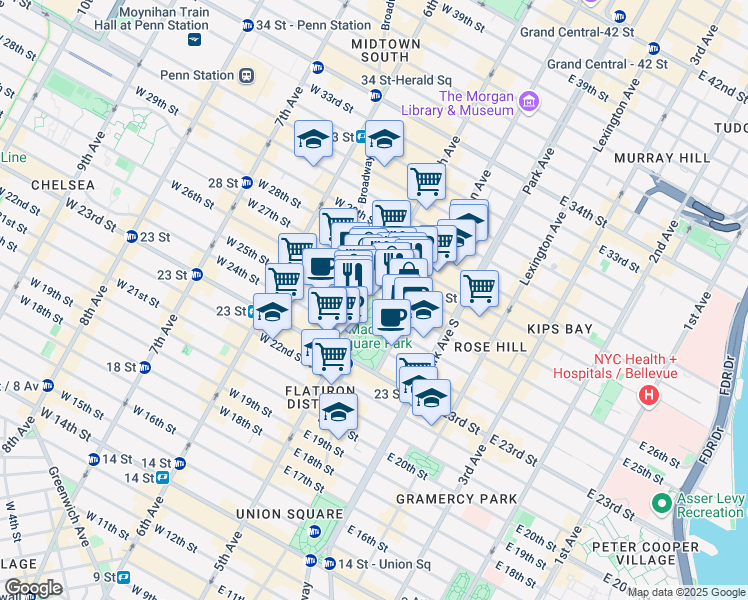 map of restaurants, bars, coffee shops, grocery stores, and more near 12 East 26th Street in New York