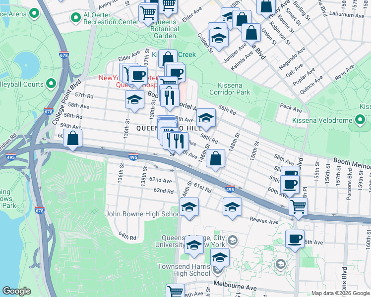 map of restaurants, bars, coffee shops, grocery stores, and more near 142-25 60th Avenue in Queens