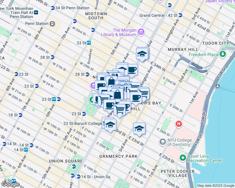 map of restaurants, bars, coffee shops, grocery stores, and more near 400 Park Avenue South in New York