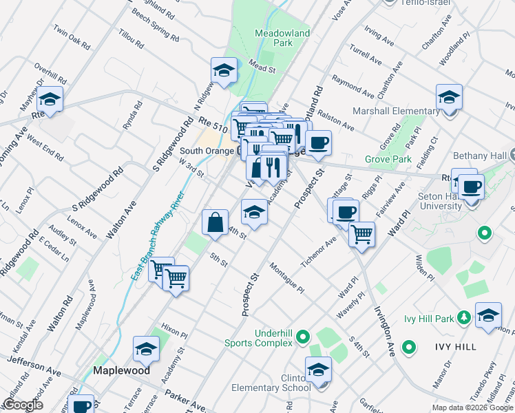map of restaurants, bars, coffee shops, grocery stores, and more near 103 3rd Street in South Orange