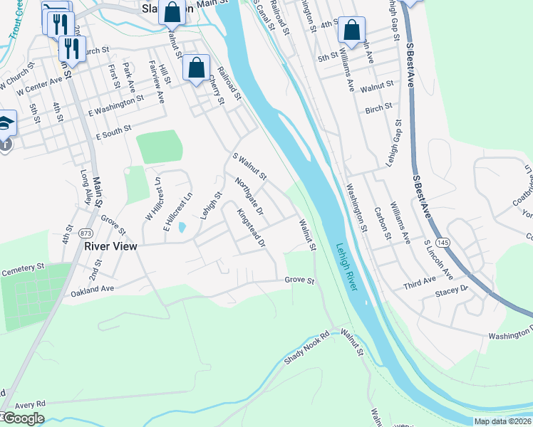 map of restaurants, bars, coffee shops, grocery stores, and more near 7209 Northgate Drive in Slatington