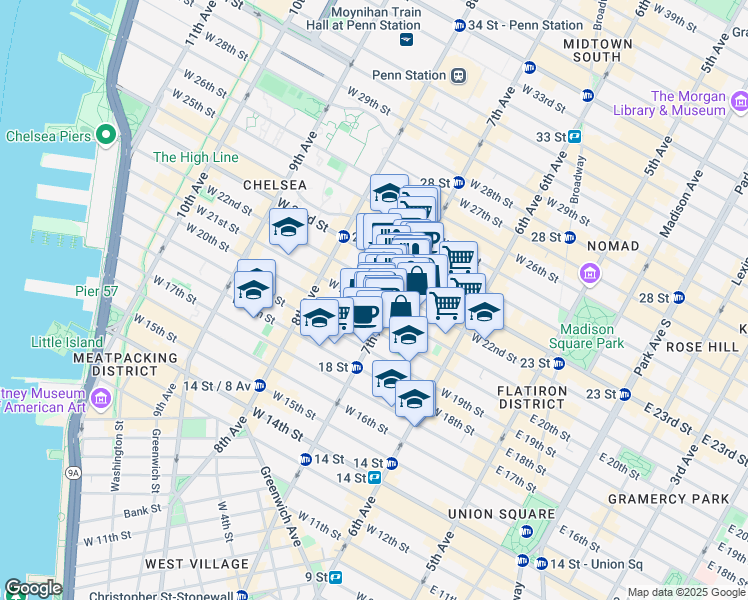 map of restaurants, bars, coffee shops, grocery stores, and more near 211 West 21st Street in New York