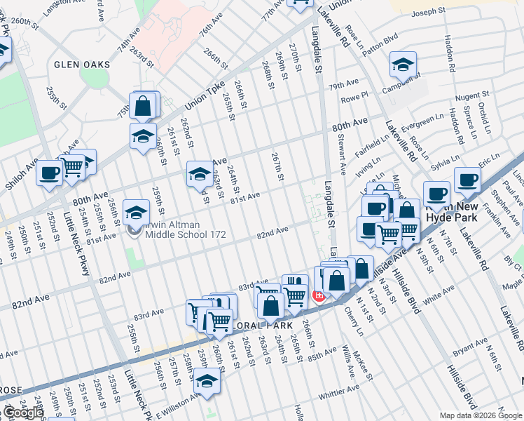 map of restaurants, bars, coffee shops, grocery stores, and more near 81-25 265th Street in Queens
