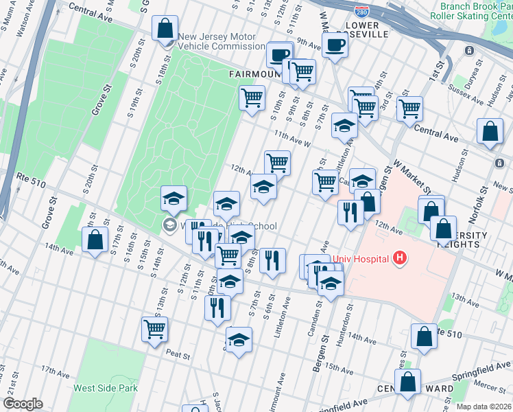 map of restaurants, bars, coffee shops, grocery stores, and more near South 9th Street in Newark