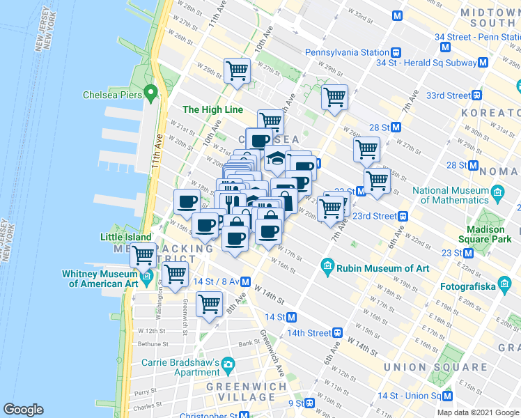map of restaurants, bars, coffee shops, grocery stores, and more near 334 West 19th Street in New York