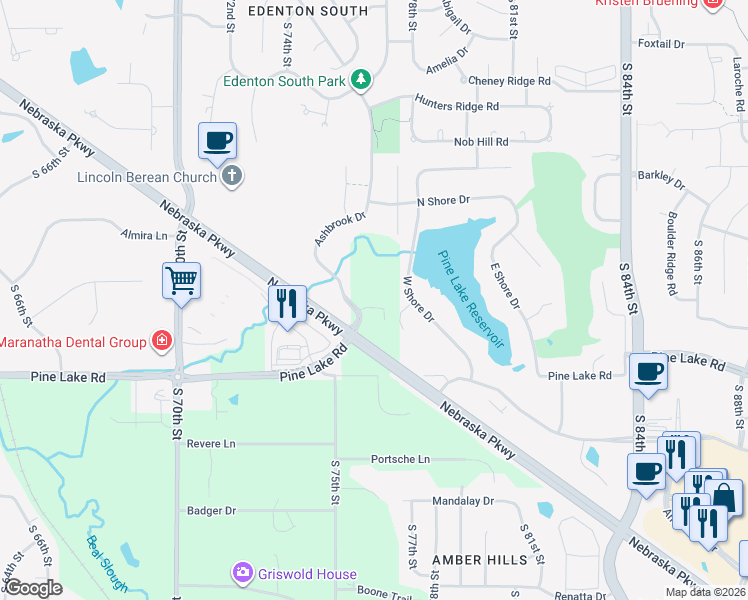 map of restaurants, bars, coffee shops, grocery stores, and more near 6810 Ashbrook Drive in Lincoln