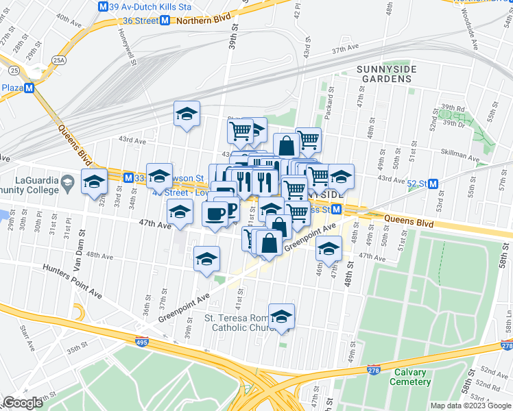map of restaurants, bars, coffee shops, grocery stores, and more near 41-02 Queens Boulevard in Queens