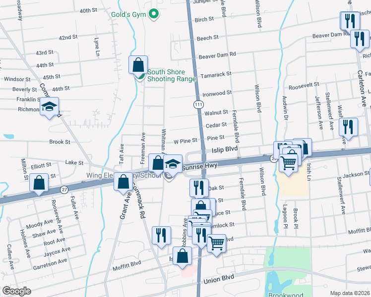 map of restaurants, bars, coffee shops, grocery stores, and more near 38 Pine Street in Islip