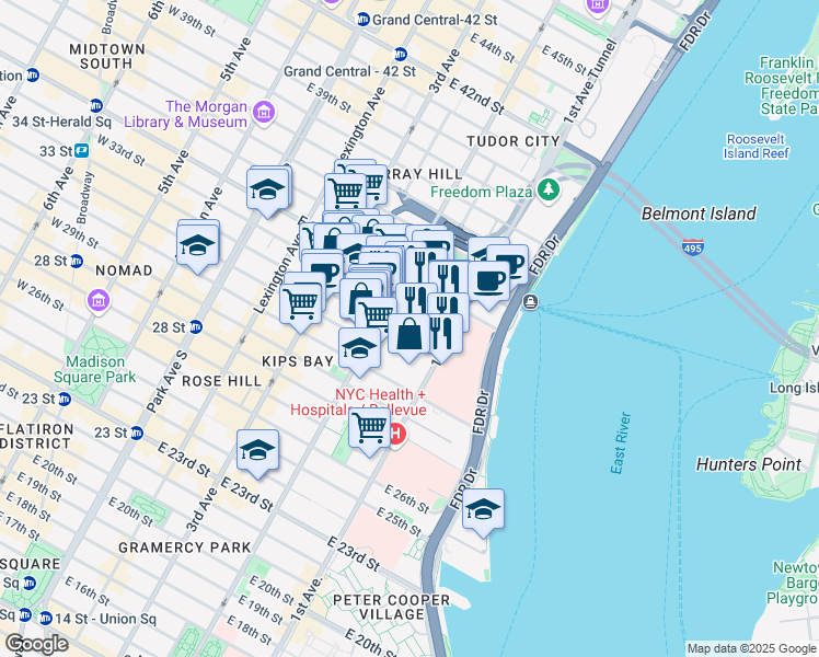 map of restaurants, bars, coffee shops, grocery stores, and more near 300 East 33rd Street in New York
