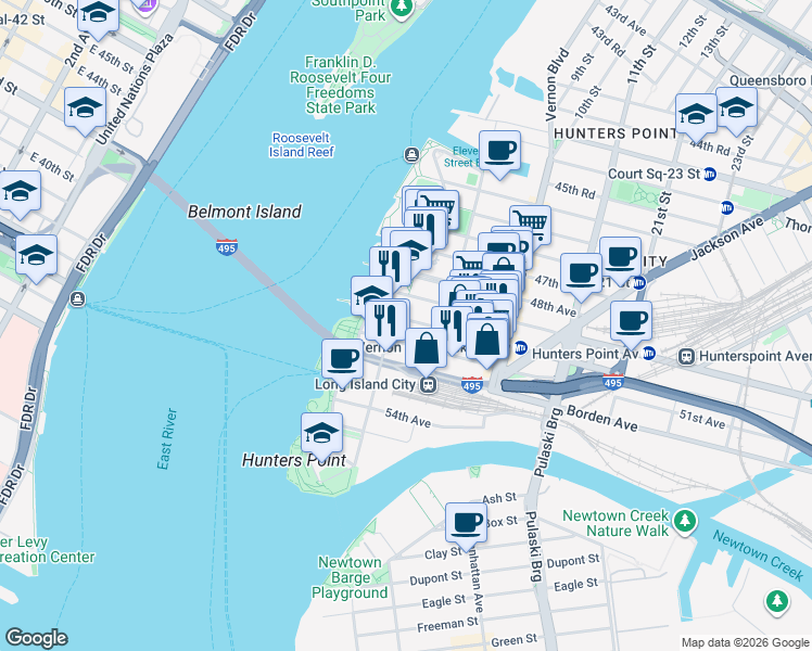 map of restaurants, bars, coffee shops, grocery stores, and more near 2-14 50th Avenue in Queens