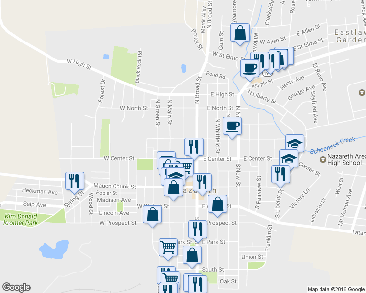 map of restaurants, bars, coffee shops, grocery stores, and more near 19 North Spruce Street in Nazareth