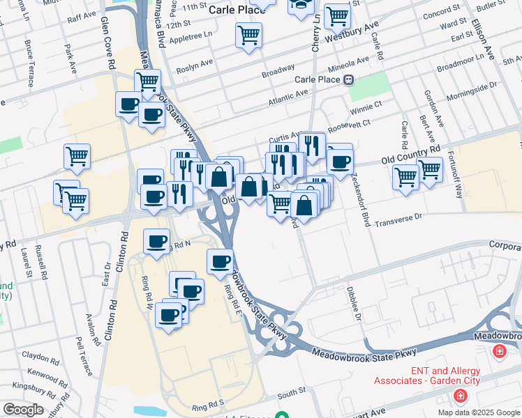 map of restaurants, bars, coffee shops, grocery stores, and more near 895 East Gate Boulevard in Garden City
