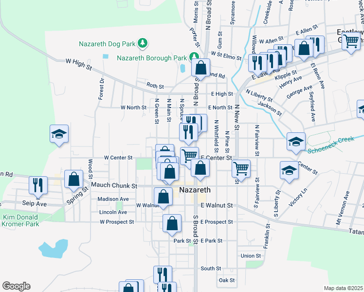 map of restaurants, bars, coffee shops, grocery stores, and more near 19 North Spruce Street in Nazareth