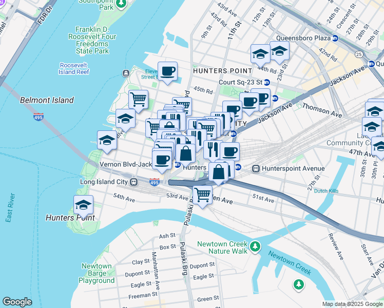 map of restaurants, bars, coffee shops, grocery stores, and more near in Queens