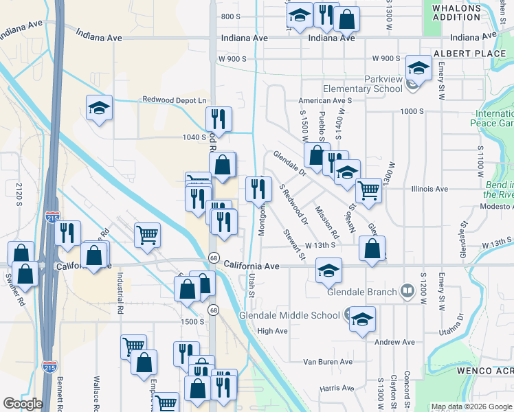 map of restaurants, bars, coffee shops, grocery stores, and more near 1200 South Montgomery Street in Salt Lake City