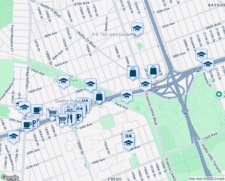map of restaurants, bars, coffee shops, grocery stores, and more near 58-46 196th Place in Queens