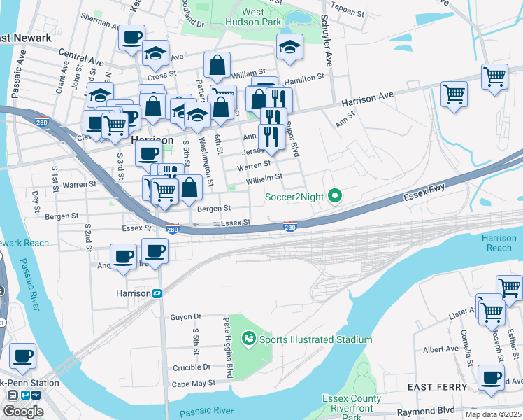 map of restaurants, bars, coffee shops, grocery stores, and more near 713 Bergen Street in Harrison