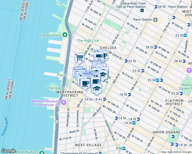 map of restaurants, bars, coffee shops, grocery stores, and more near 112 9th Avenue in New York