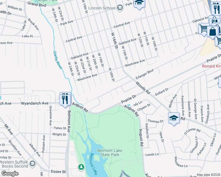 map of restaurants, bars, coffee shops, grocery stores, and more near 60 Anndom Court in North Babylon