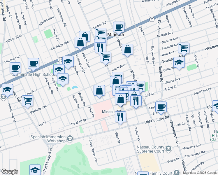 map of restaurants, bars, coffee shops, grocery stores, and more near 232 Harrison Avenue in Mineola