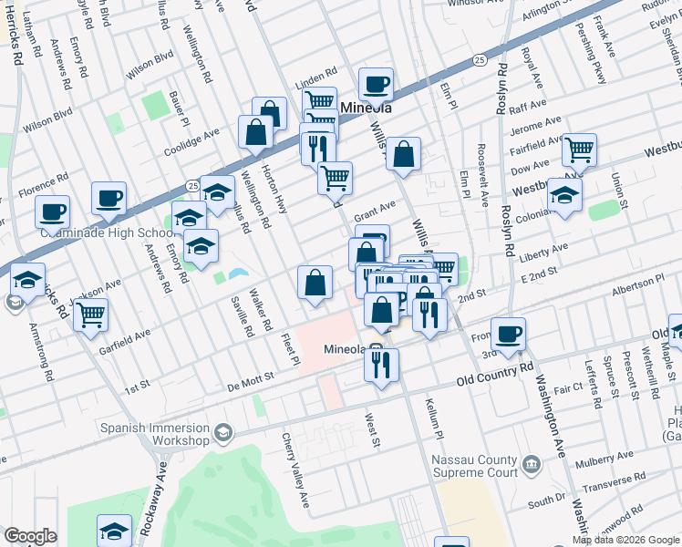 map of restaurants, bars, coffee shops, grocery stores, and more near 232 Harrison Avenue in Mineola