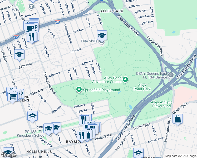 map of restaurants, bars, coffee shops, grocery stores, and more near 69-80 229th Street in Queens