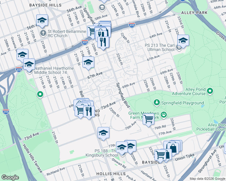 map of restaurants, bars, coffee shops, grocery stores, and more near 68-44 Springfield Boulevard in Queens