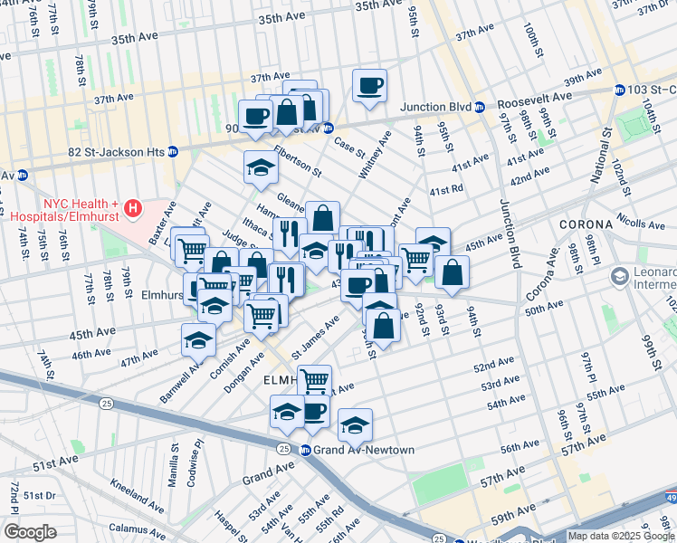 map of restaurants, bars, coffee shops, grocery stores, and more near 43-22 Ithaca Street in Queens