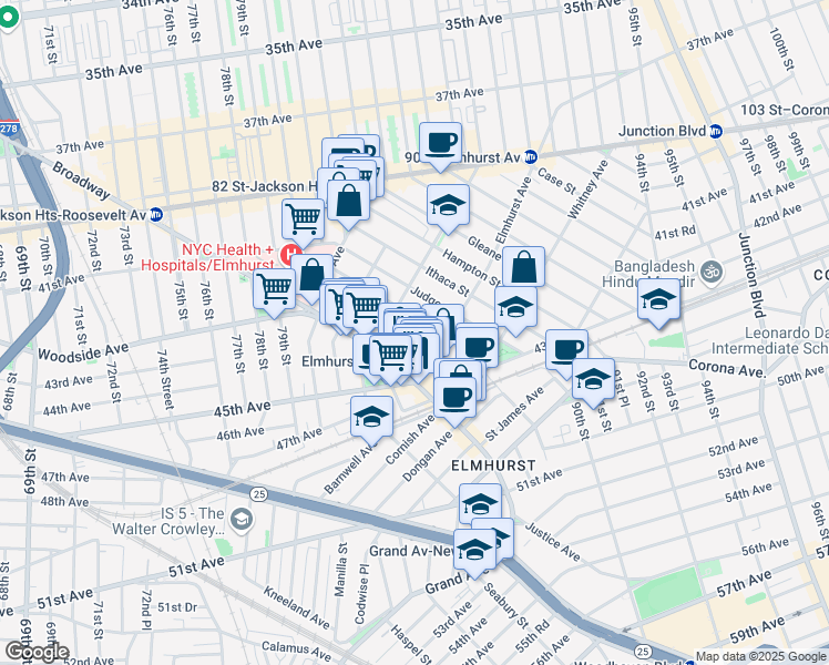 map of restaurants, bars, coffee shops, grocery stores, and more near in Queens