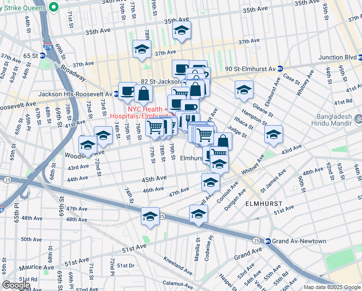 map of restaurants, bars, coffee shops, grocery stores, and more near 42-25 79th Street in Queens