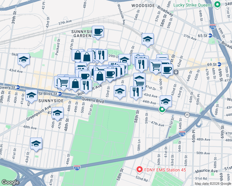 map of restaurants, bars, coffee shops, grocery stores, and more near 43-26 54th Street in Queens