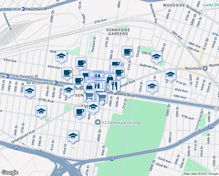 map of restaurants, bars, coffee shops, grocery stores, and more near in Queens
