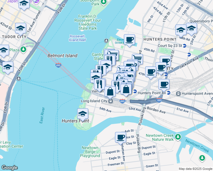 map of restaurants, bars, coffee shops, grocery stores, and more near 2-35 51st Avenue in Queens