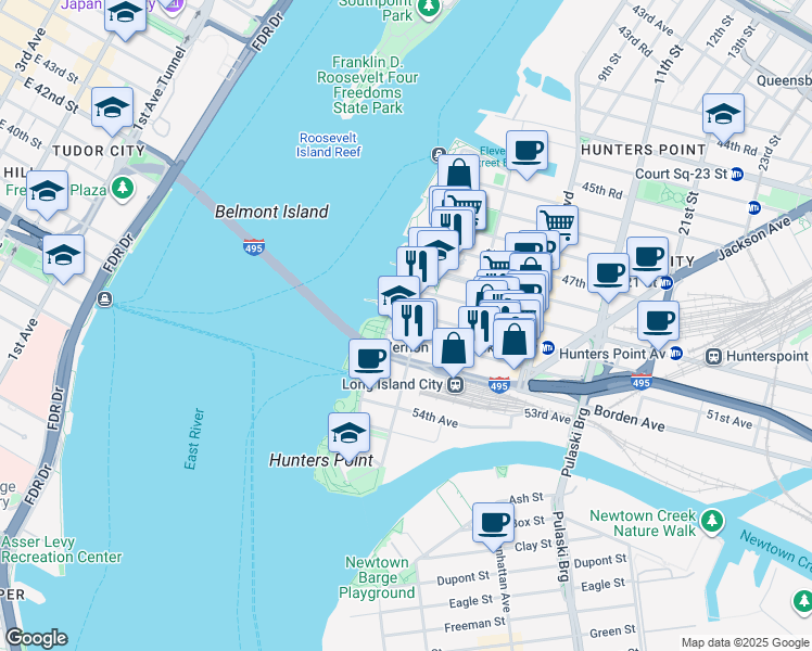 map of restaurants, bars, coffee shops, grocery stores, and more near in Queens