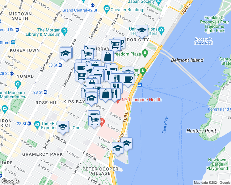 map of restaurants, bars, coffee shops, grocery stores, and more near in New York
