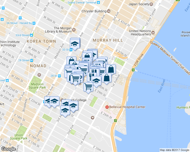 map of restaurants, bars, coffee shops, grocery stores, and more near 208 East 30th Street in New York