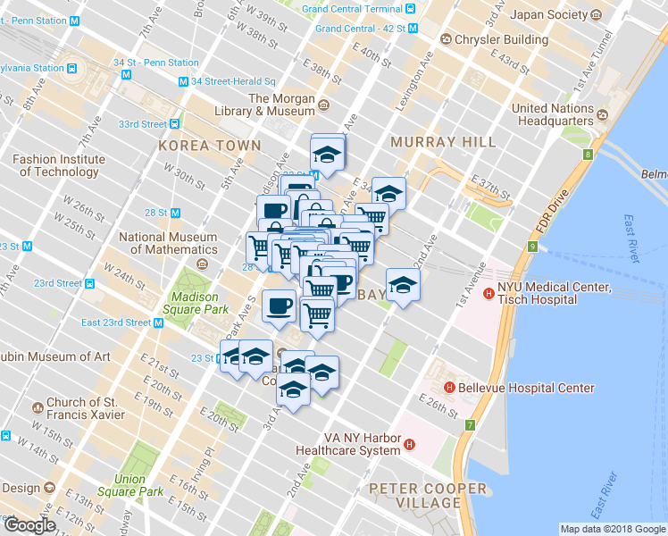 map of restaurants, bars, coffee shops, grocery stores, and more near 133 East 29th Street in New York