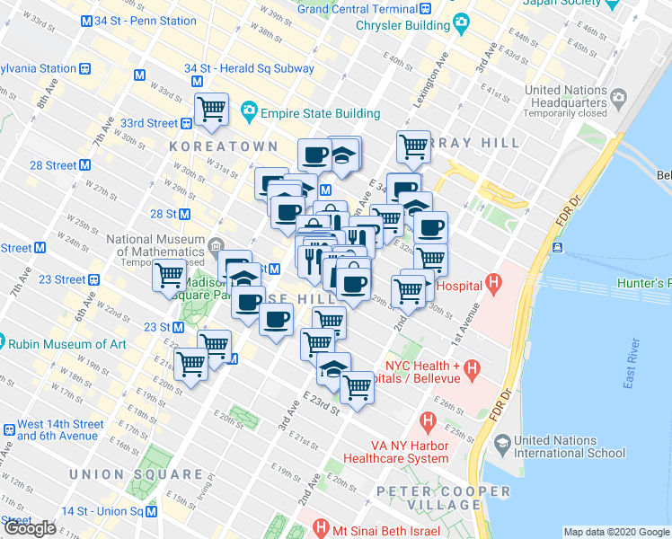 map of restaurants, bars, coffee shops, grocery stores, and more near 133 East 29th Street in New York