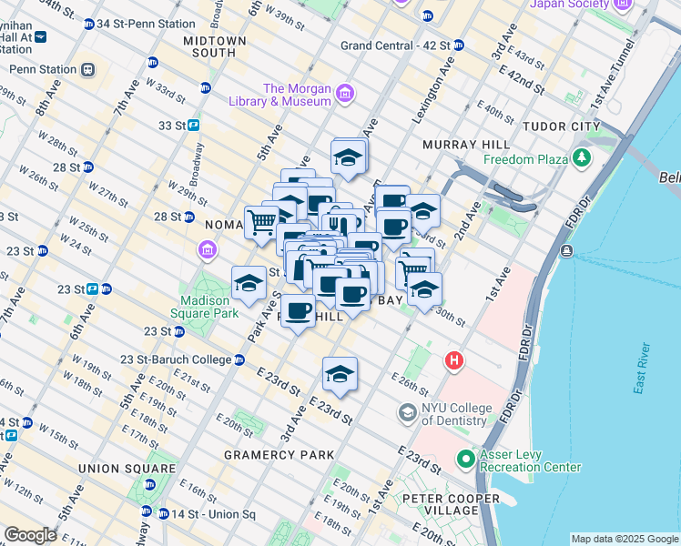 map of restaurants, bars, coffee shops, grocery stores, and more near 133 East 29th Street in New York